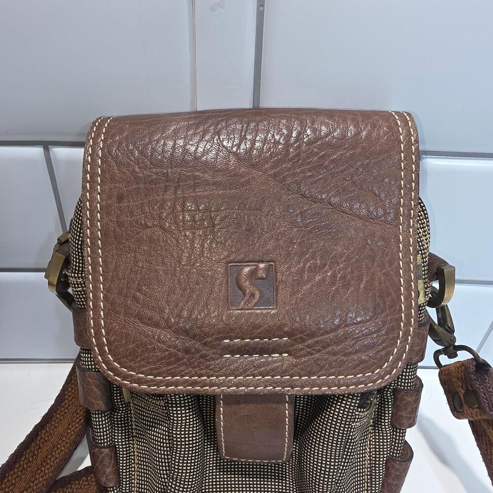 Snap LA France Brown Leather Crossbody Bag with Green Checkered Fabric